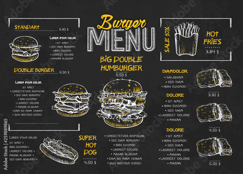 Burger menu poster design on the chalkboard elements. Fast food menu skech style. Can be used for layout, banner, web design, brochure template. Vector illustration.