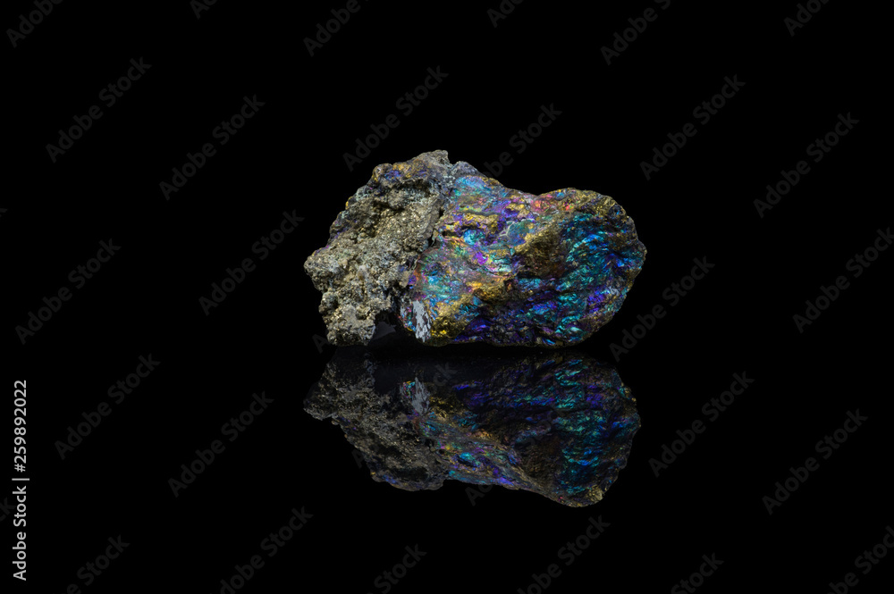 Chalcopyrite isolated black background with mirror reflection Chalcopyrite isolated black background with mirror reflection