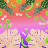 Contemporary art collage of monstera leaves, ice cream, bananas, sunglasses and pineapples. Neon background with gradient colors