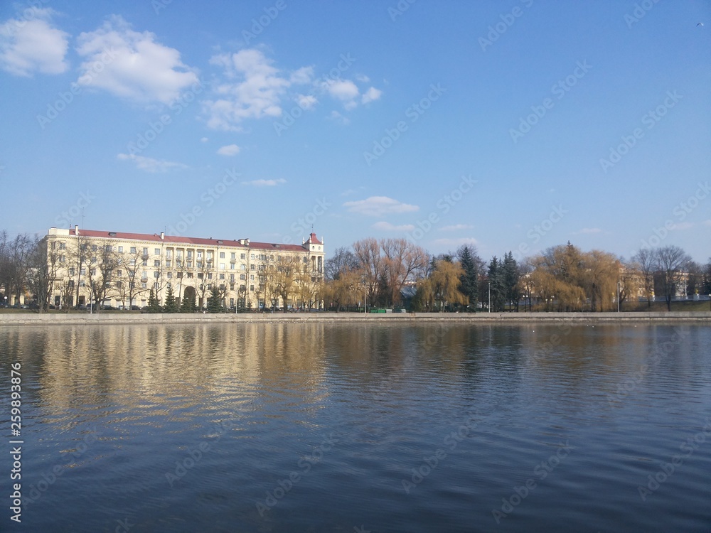 calm lake and Minsk downtown