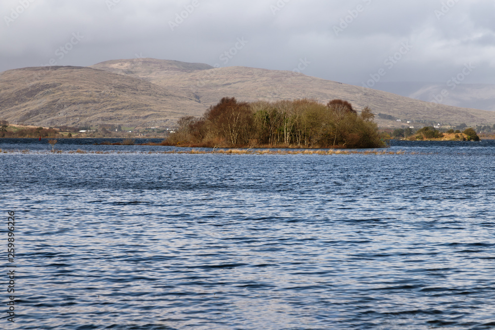 Mountain, island, lake and vegetation at Western way trail in Lough Corrib