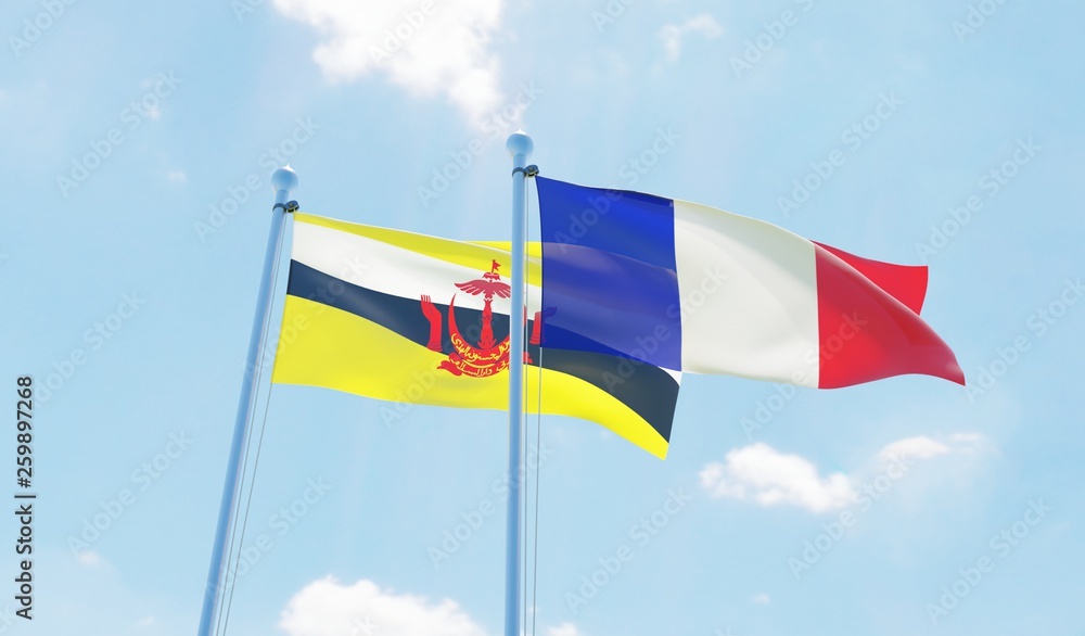 France and Brunei, two flags waving against blue sky. 3d image France and Brunei, two flags waving against blue sky. 3d image