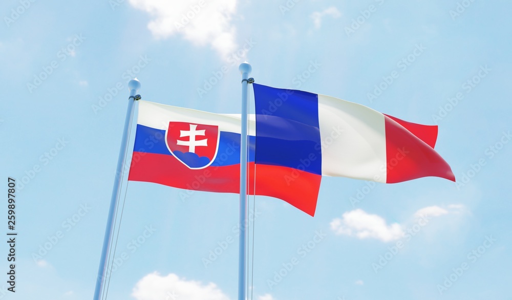 France and Slovakia, two flags waving against blue sky. 3d image France and Slovakia, two flags waving against blue sky. 3d image