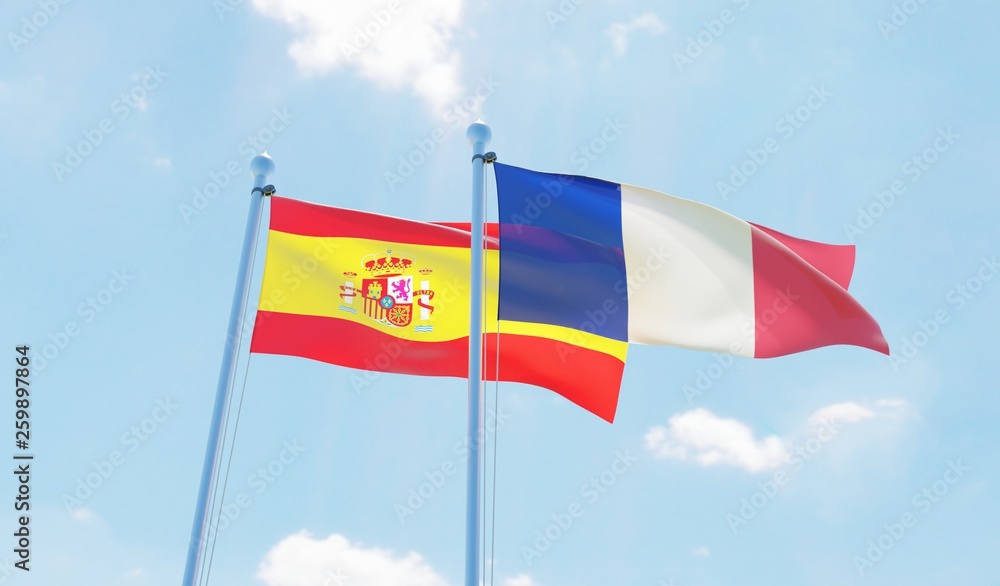 France and Spain, two flags waving against blue sky. 3d image France and Spain, two flags waving against blue sky. 3d image