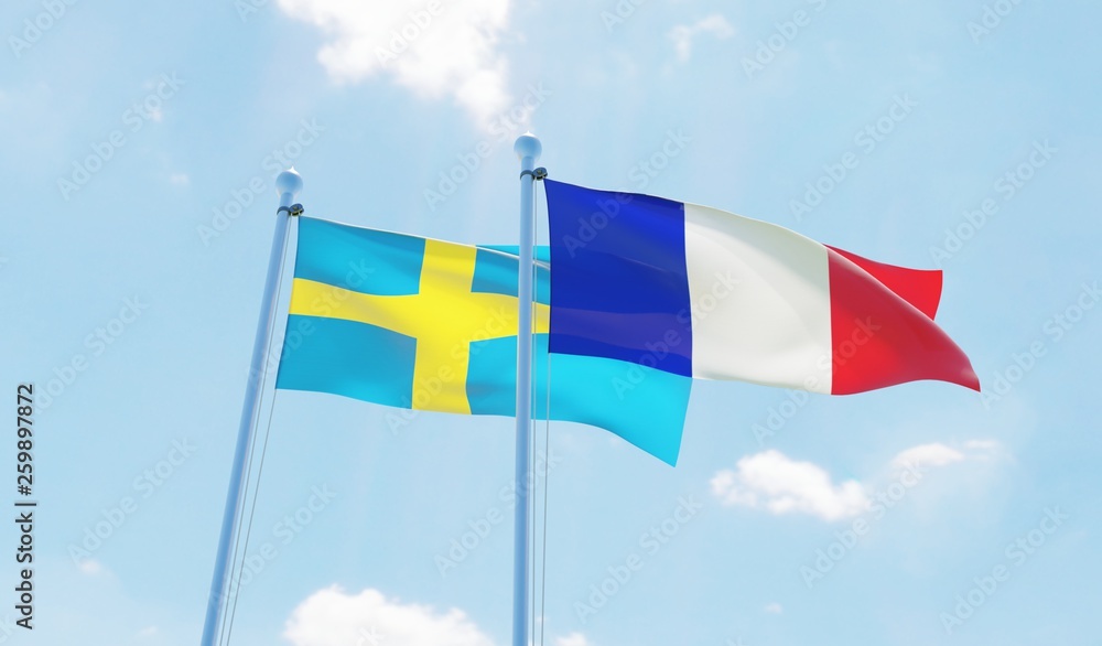 France and Sweden, two flags waving against blue sky. 3d image France and Sweden, two flags waving against blue sky. 3d image