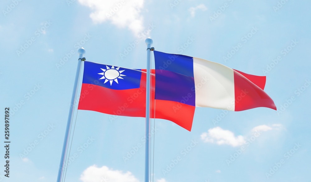 France and Taiwan, two flags waving against blue sky. 3d image France and Taiwan, two flags waving against blue sky. 3d image