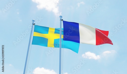 France and Sweden, two flags waving against blue sky. 3d image