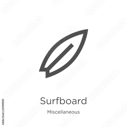 surfboard icon vector from miscellaneous collection. Thin line surfboard outline icon vector illustration. Outline, thin line surfboard icon for website design and mobile, app development