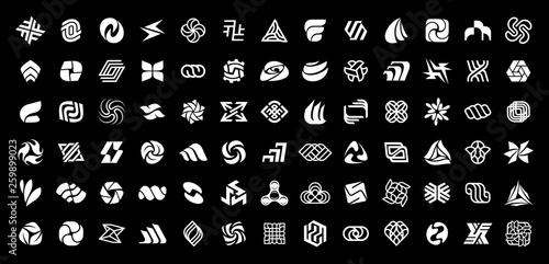 Abstract logos collection. Geometrical abstract logos. Isolated on Black background