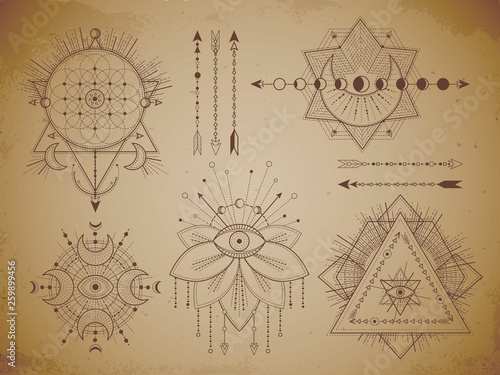 symbols and figures on old paper background. Abstract mystic signs collection.