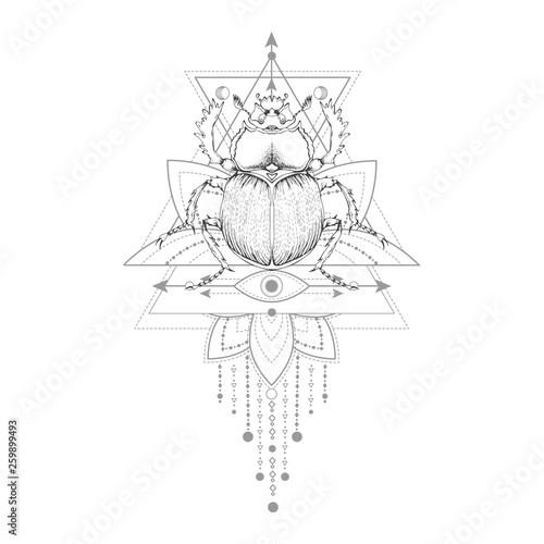 Vector illustration with hand drawn scarab and Sacred symbol on white background. Abstract mystic sign.