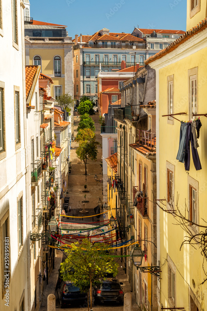 Narrow streets of Bairro Alto quarter, central district of the city of Lisbon, Portugal