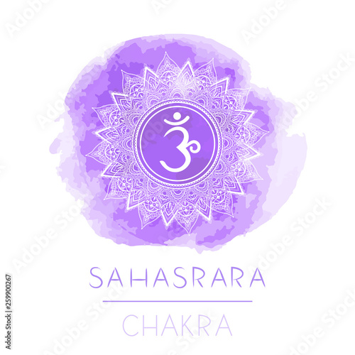 Vector illustration with symbol chakra Sahasrara and watercolor element on white background.