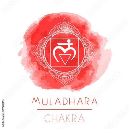 Vector illustration with symbol chakra Muladhara and watercolor element on white background.