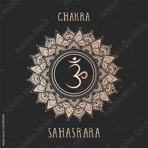 Vector illustration with gold symbol chakra Sahasrara on dark background.