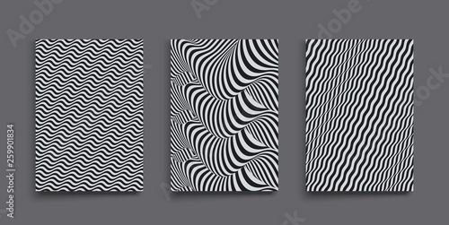 Cover design template. Black and white design. Pattern with optical illusion. Abstract 3D geometrical background. Vector illustration.