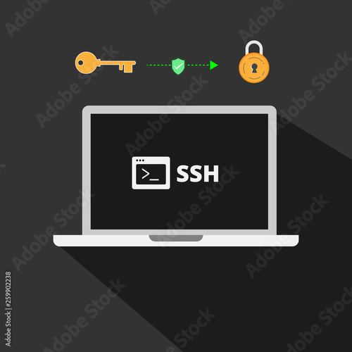 Secure Shell (SSH) concept illustration is a cryptographic network protocol for operating network services securely over an unsecured network.