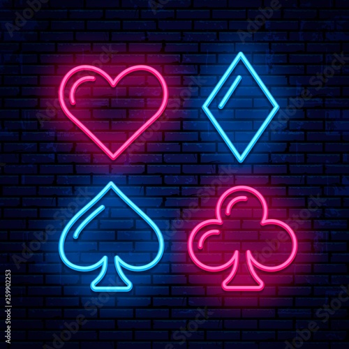 Vector neon icons. Poker, blackjack card suits