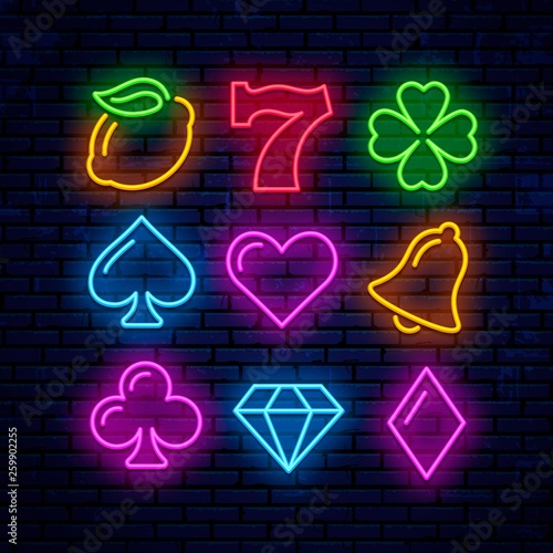 Vector gaming neon icons for casino. Signs for slot machines.