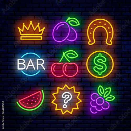 Vector gaming neon icons for casinos. Signs for slot machines.