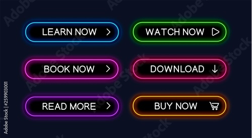 Set of vector neon glowing buttons for web design
