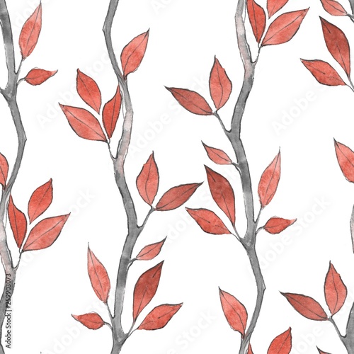 Seamless pattern with watercolor branches and red leaves