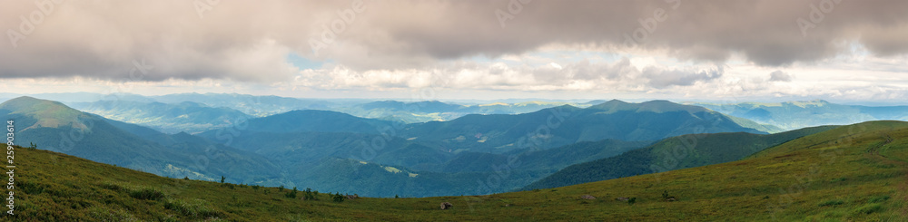 panorama of a gorgeous summer landscape. overcast weather. mountain ridge in the distance