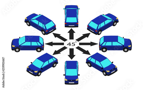 Rotation of the hatchback by 45 degrees. Blue car in different angles in isometric.
