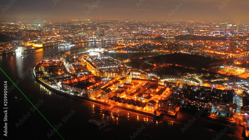 Aerial drone night shot from iconic Greenwich Peninsula in the heart of London, United Kingdom