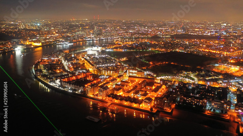 Aerial drone night shot from iconic Greenwich Peninsula in the heart of London, United Kingdom