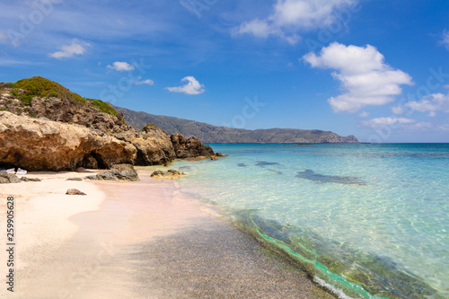 Fototapeta Naklejka Na Ścianę i Meble -  Elafonisi beach with pink sand, warm and crystal clear water. Crete Island, Greece