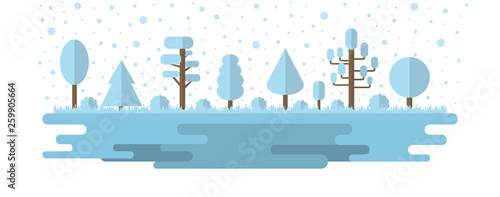 Vector Forest, Park, Alley with Different Trees. Winter Forest Panorama, Outdoor. Flat Style. Vector illustration isolated on white background.