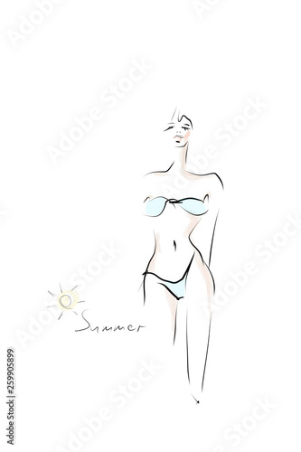 Beautiful young woman in bikini. Silhouette of girl, sketch.