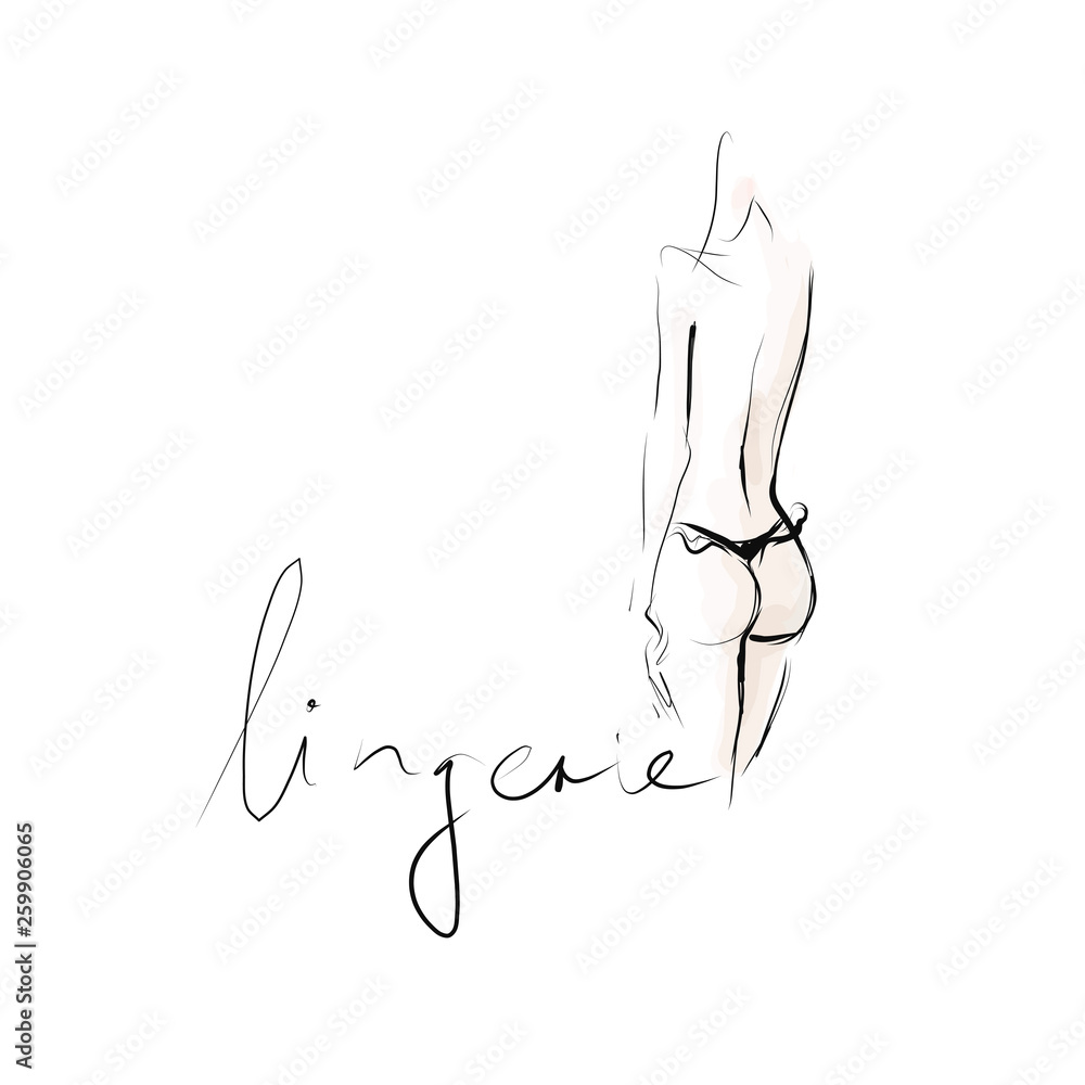 Beautiful female body in lingerie, rear view, sketch