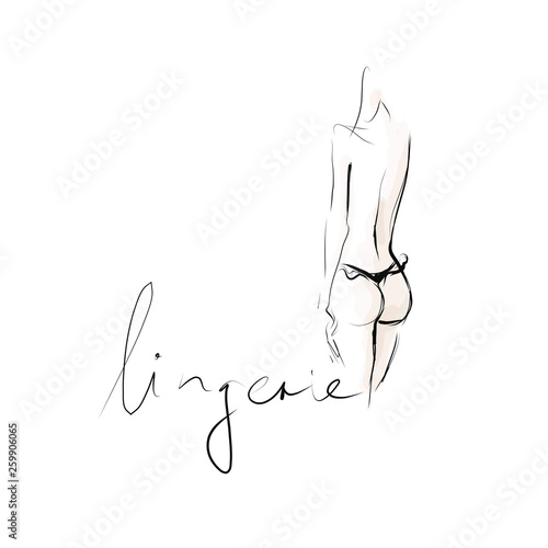 Beautiful female body in lingerie, rear view, sketch