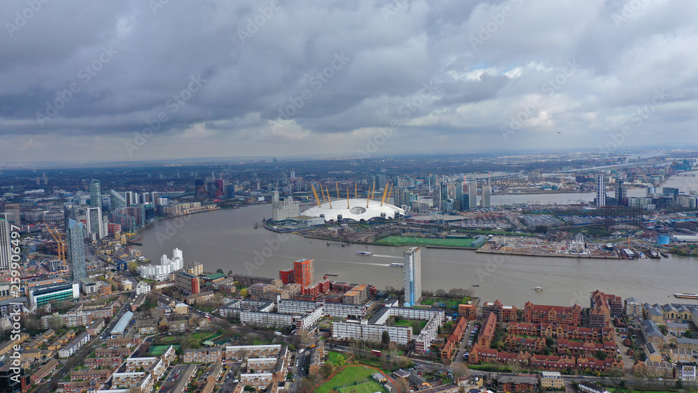 Aerial shot from iconic O2 Arena in Greenwich Peninsula, London, United Kingdom