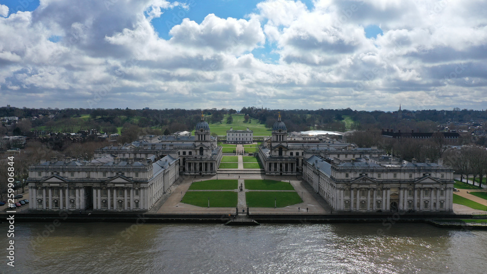Aerial drone photo of iconic Greenwich University in Park of Greenwich, London, United Kingdom