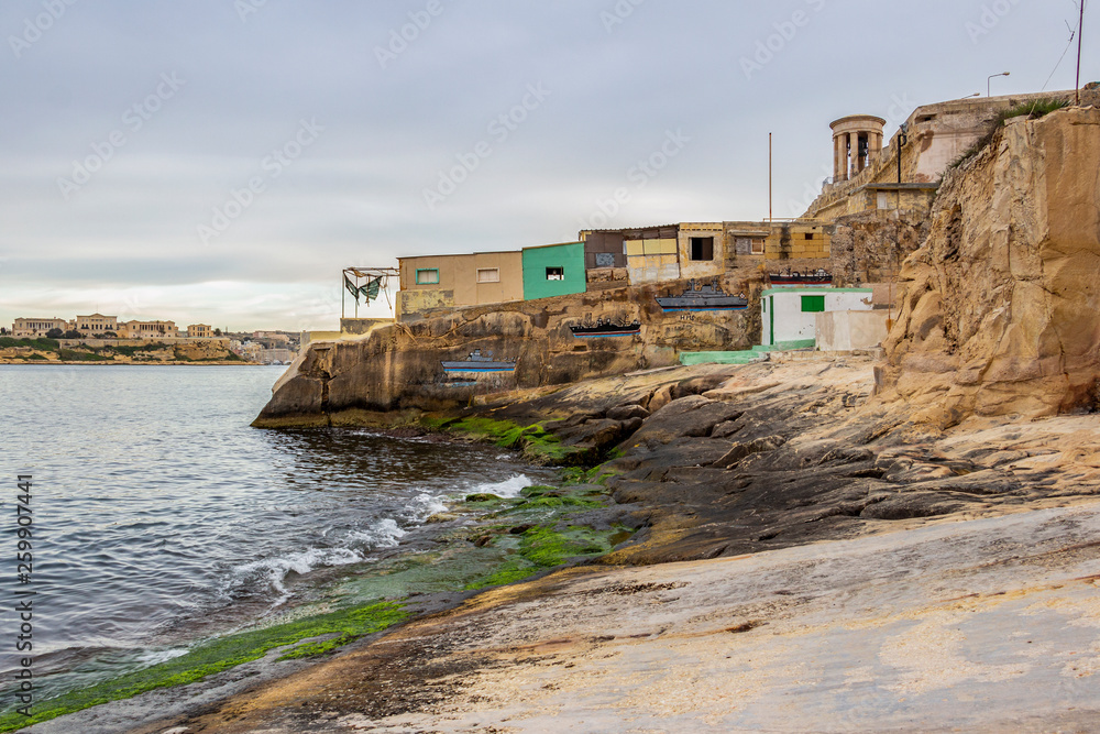 Fishermen's huts, exterior partial view at Grand Harbor, Valletta, Malta