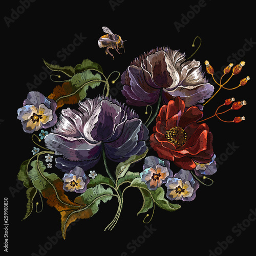 Embroidery violet flowers, red roses and bumble bee. Fashion template for clothes, textiles, t-shirt design