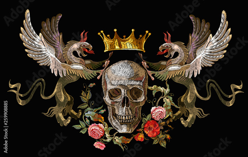 Embroidery two griffins, skull and flowers. Medieval art. Template for clothes, t-shirt design. Gothic tapestry renaissance style
