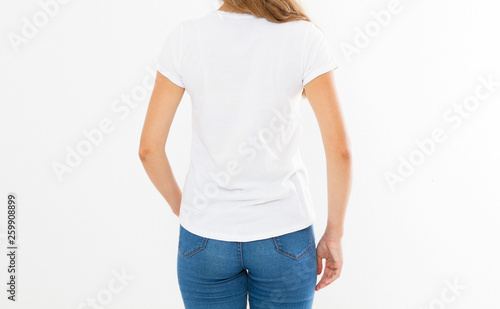 back view: woman in white t-shirt mock up isolated, t shirt female, blank tshirt