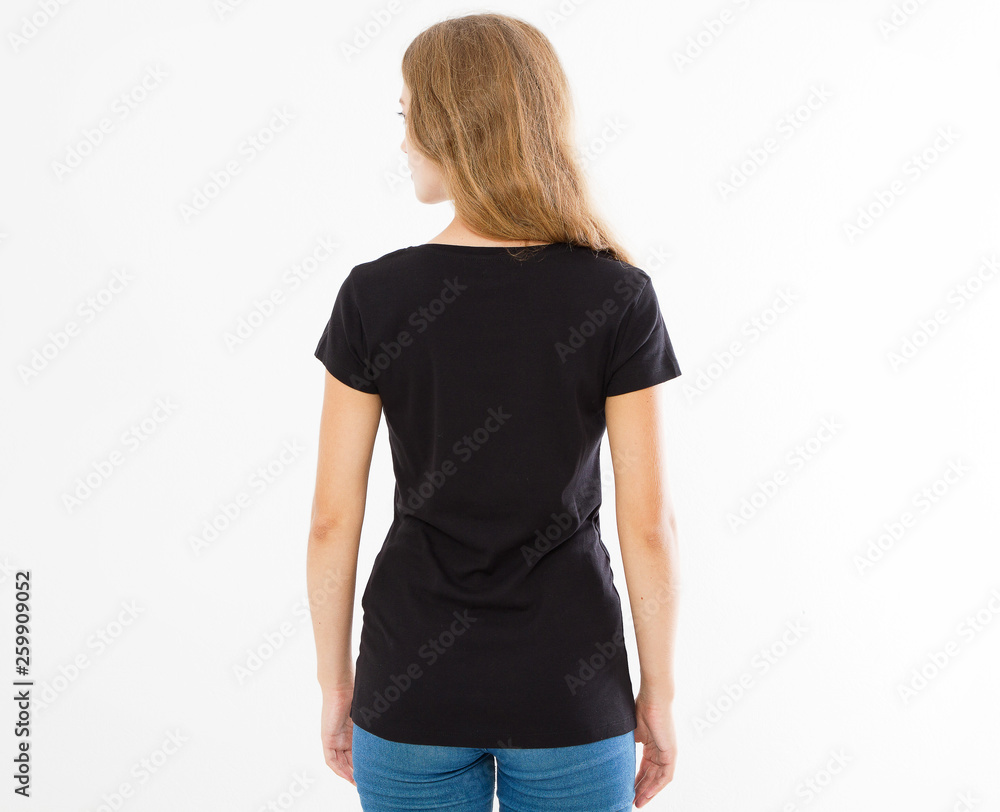back rear view: woman in black tshirt isolated, girl in t-shirt mock up, black T shirt. Midsection female tshirt on white background, girl in t-shirt mock up isolated back rear view: woman in black tshirt isolated, girl in t-shirt mock up, black T shirt. Midsection female tshirt on white background, girl in t-shirt mock up isolated