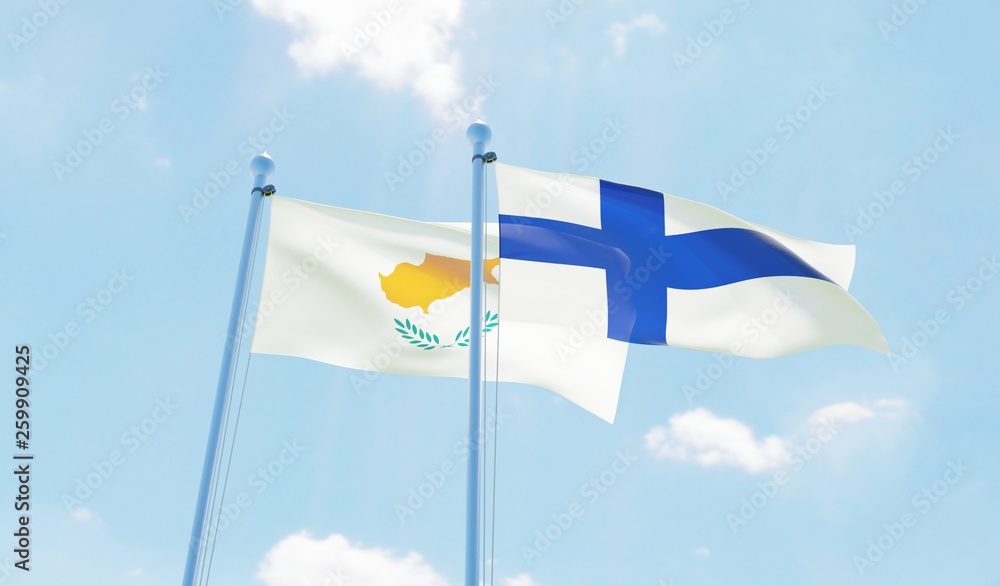 Finland and Cyprus, two flags waving against blue sky. 3d image