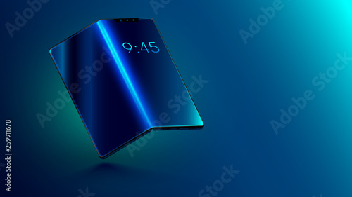 Foldable smartphone with foldable screen. Flexible display of mobile phone bended hanging over table. New technology transforming phone into a tablet. Illustration electronic smart device