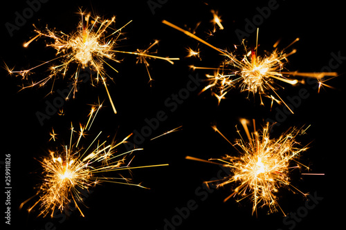 Sparkler burn set isolated on black background with clipping path