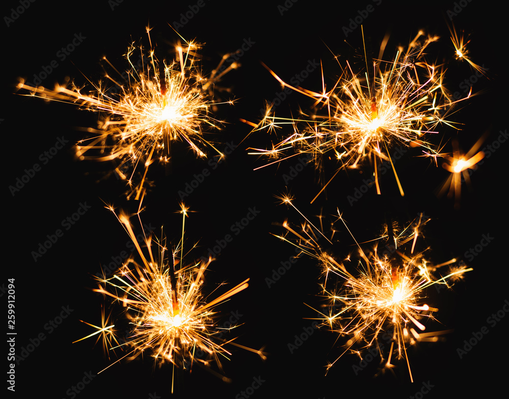 Sparkler burn set isolated on black background with clipping path