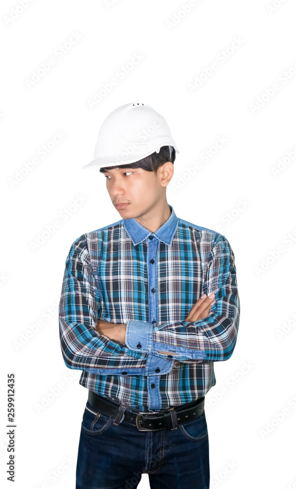 Engineering construction arm cross on chest and wear white safety helmet plastic isolated on white background Engineering construction arm cross on chest and wear white safety helmet plastic isolated on white background