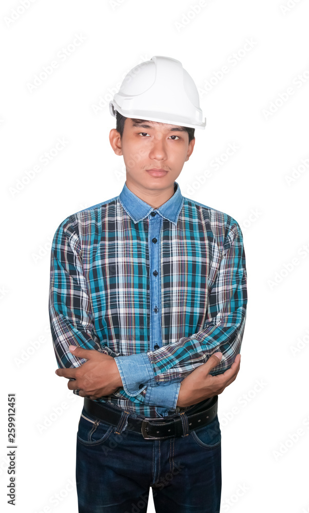 Engineering construction arm cross on chest and wear white safety helmet plastic isolated on white background Engineering construction arm cross on chest and wear white safety helmet plastic isolated on white background
