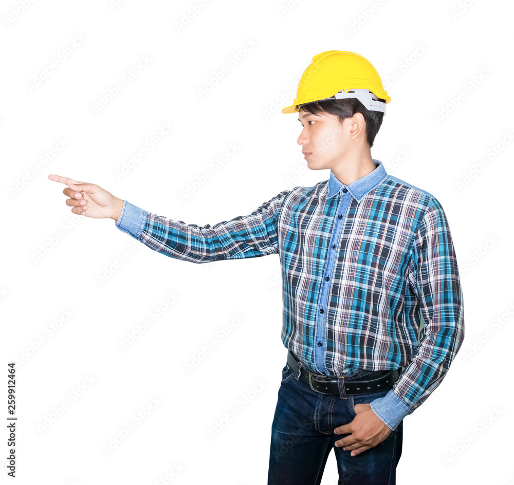 Engineer finger point with wear yellow helmet plastic. isolated on white background Engineer finger point with wear yellow helmet plastic. isolated on white background