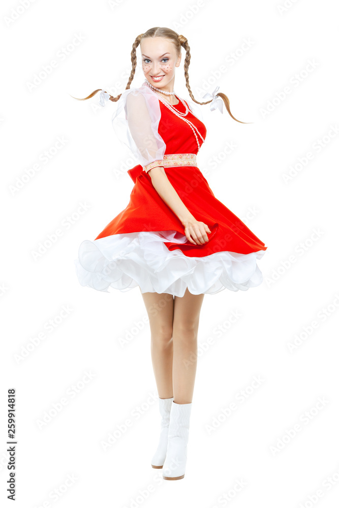 Pretty young cheerful woman with ridiculous plaits in russian folk costume posing at white background, isolated Pretty young cheerful woman with ridiculous plaits in russian folk costume posing at white background, isolated
